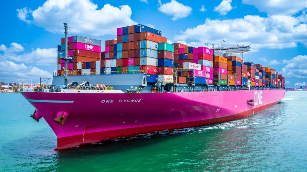 Container ship global business freight import export logistic transportation.