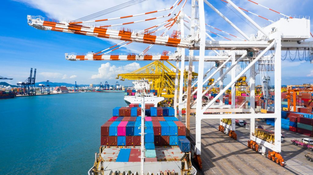 Container ship global business freight import export logistic transportation.